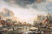Aert van der Neer A Frozen River by a Town at Evening oil on canvas